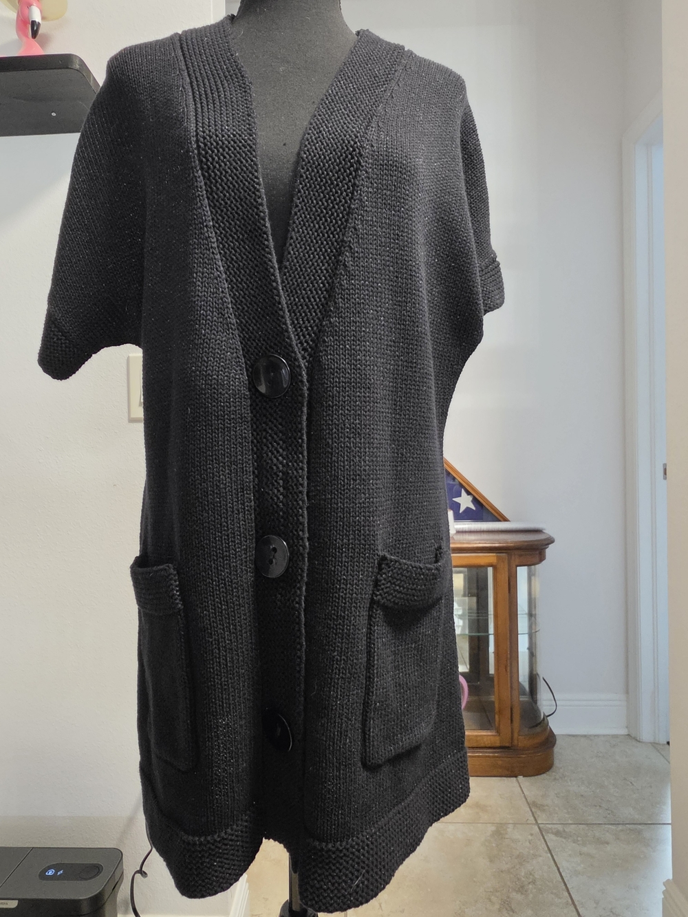 Elliott Lauren Black Knit Short Sleeve Cardigan Sweater Cotton Nylon Sz L